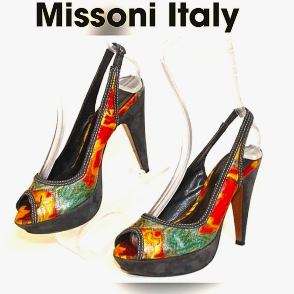 Missoni Italy Made Womens 6.5 Leather Peep Toe Slingback Platform Pumps